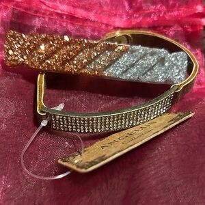 ANGELUS Rose Gold and Silver Leather Rhinestone Bracelet w/ Matching Hair Clip
